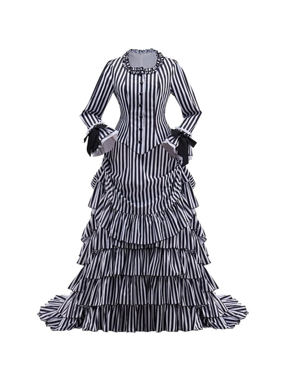 Gothic Victorian Bustle Dress Vintage Black and White Stripes Medieval Ball Gown Renaissance Costume for Women
