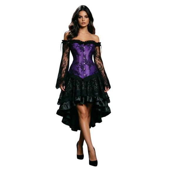 Gothic Victorian Corset Skirt Set, Off Shoulder Lace Corset Top with High Low Ruffle Skirt, Women Holiday Party and Photo Shoot Outfit