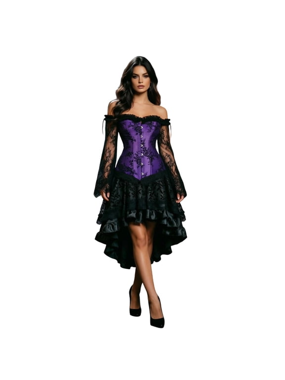 Gothic Victorian Corset Skirt Set, Off Shoulder Lace Corset Top with High Low Ruffle Skirt, Women Holiday Party and Photo Shoot Outfit