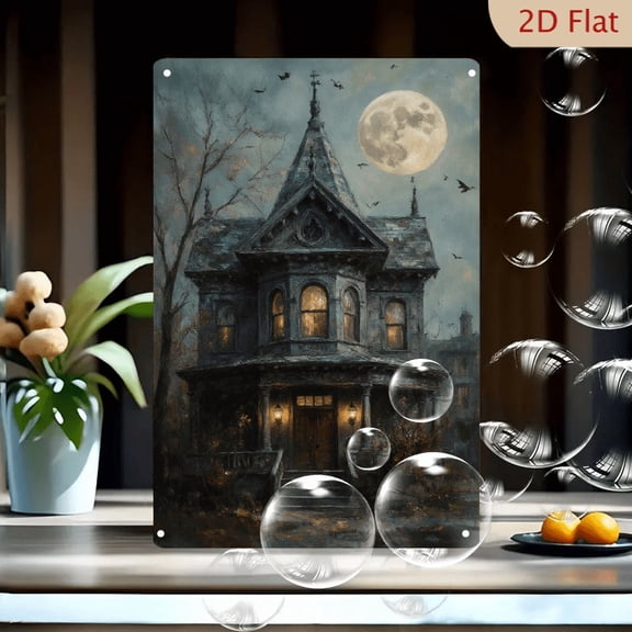 Gothic Victorian House Under Full Moon 8x12in Metal Wall Art, Haunting Dark Gray Mansion with Golden Light, Crow Silhouettes & Twisted Trees, Vintage Oil Painting Style Horror Decor for Home Office