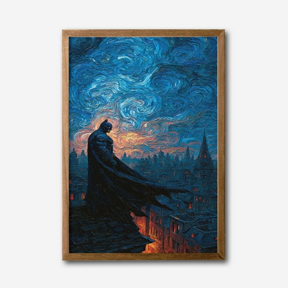 Gothic Vigilante Starry Night Canvas Wall Art  Unique Cityscape Painting Inspired by Van Gogh