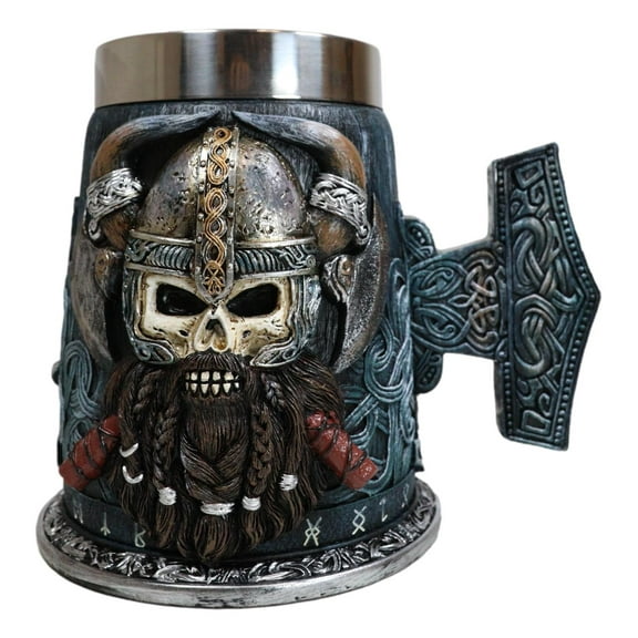 Gothic Viking Horned Warrior Danegeld Skull Tankard Mug 20oz With Hammer Handle