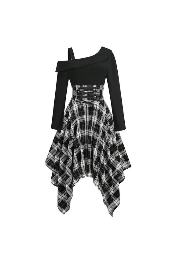 Gothic Vintage Dress for Women Patchwork One Shoulder Midi Dress Fashion Pleated Dress Lace Up Long Sleeve Dress