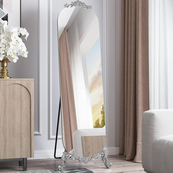 Gothic Vintage Elegant Frameless Carved Full Length Arched Mirror with Stand, 61.5"H x 20"W Large Wall Mirror, Silver Modern Decorative Floor Mirror for Wedding, Bedroom, Living Room, Entryway