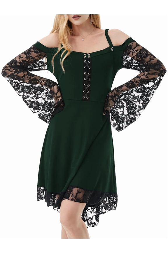 Gothic Vintage Lace Patchwork Women Dress Plus Size Goth Bandage Ladies Spaghetti Strap Dresses Dark Green XXL