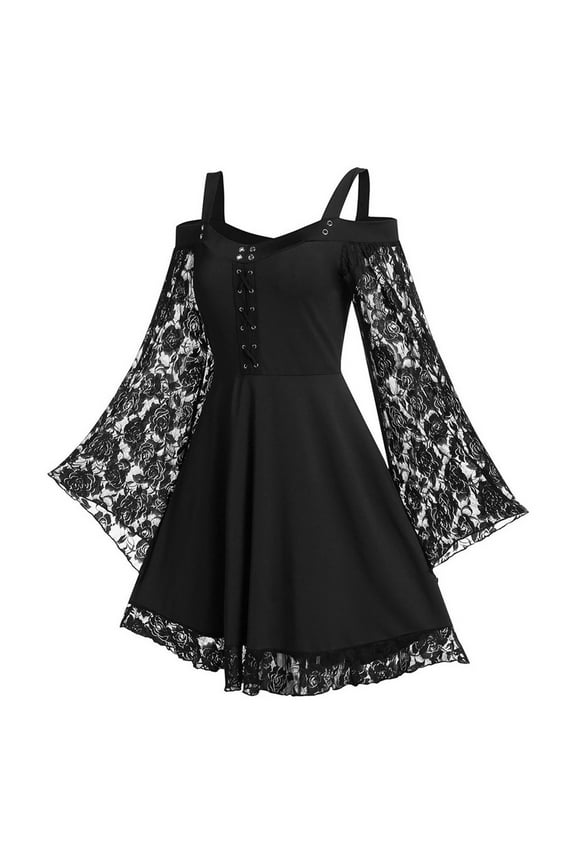 Gothic Vintage Lace Patchwork Women Dress Plus Size Goth Bandage Ladies Spaghetti Strap Dresses