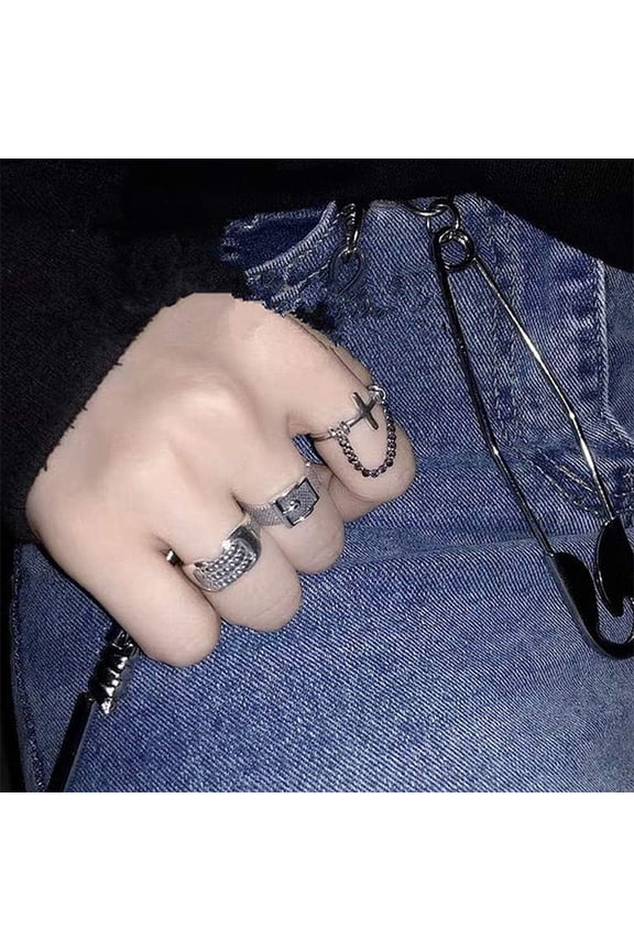 Gothic Vintage Ring Set Half Open Cross Chain Belt Finger Ring Punk Stackable Knuckle Ring for Women or Men