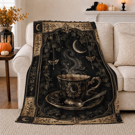 Gothic Vintage Teacup Moth Moon Art Dark Academia, Festive Halloween Scene, Warm Flannel Blanket for Living Room and Family Room, Art Lovers Halloween Gift, Festive Home Decor