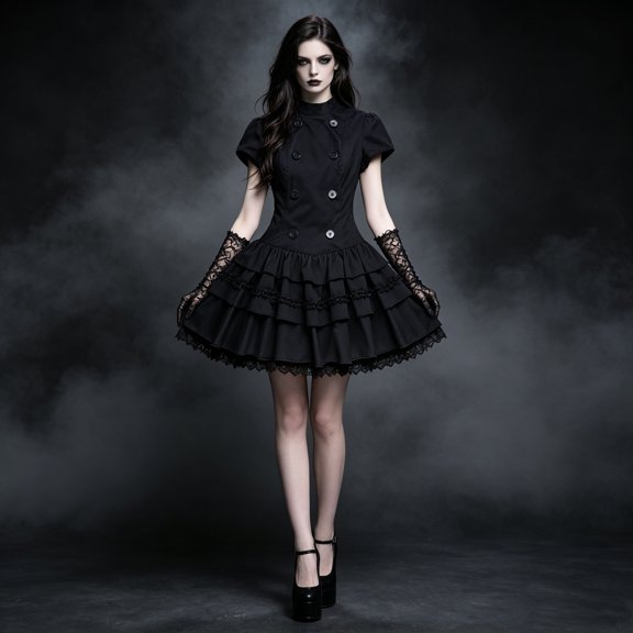 Gothic Waist Cinching Short Sleeve Dress for Everyday Casual and Halloween with Double Bodice and Cake Skirt Elegant Dark Attire, Black, S