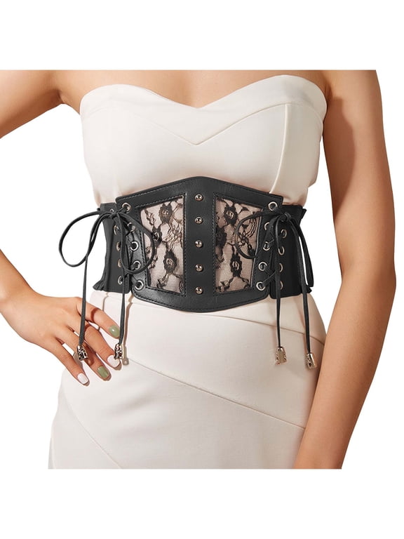 Gothic Waist Corset Belt for Women Vintage Faux Leather Corsets Sides Lace-Up Medieval Renaissance Lace Underbust Bustier Belts Black One Size