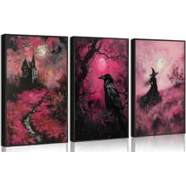 Gothic Wall Art Halloween Pink Mysterious Vintage Witch and Crow Moon Castle Horror Poster Painting Picture Wall Decoration Canvas Print Artwork for Apartment Bedroom（Only canvas）