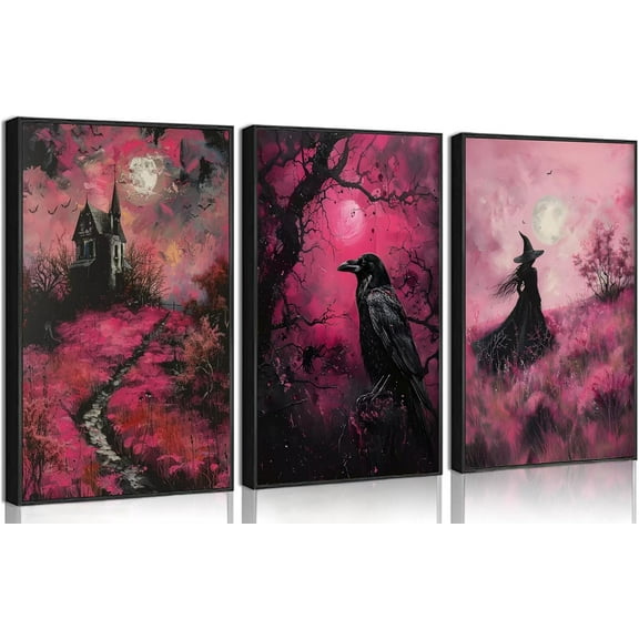Gothic Wall Art Halloween Pink Mysterious Vintage Witch and Crow Moon Castle Horror Poster Painting Picture Wall Decoration Canvas Print Artwork for Apartment Bedroom（Only canvas）