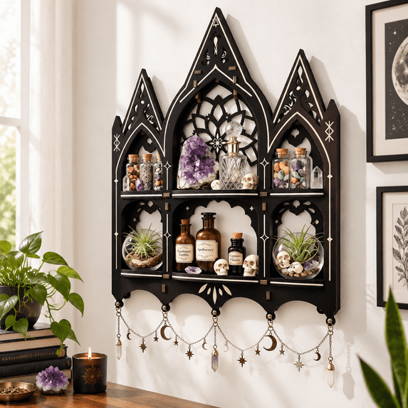 Gothic Wall Crystal Display Shelf, Wooden Trinket Organizer for ...