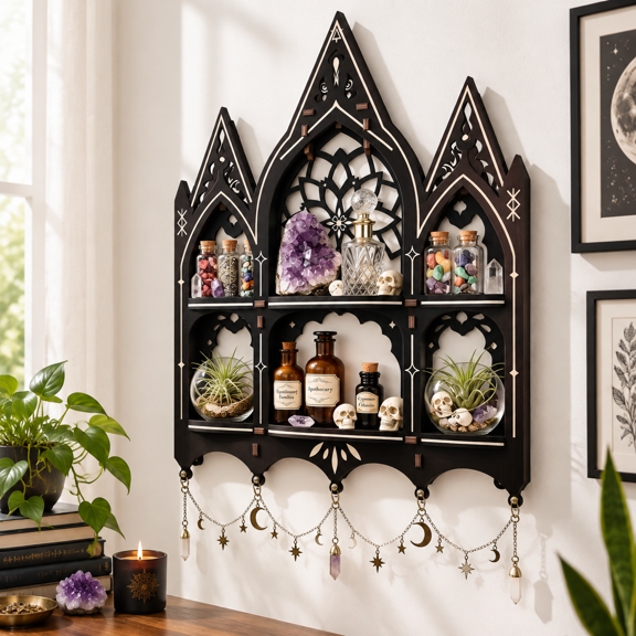Gothic Wall Crystal Display Shelf, Wooden Trinket Organizer for Collectibles, Witchy Home Decor