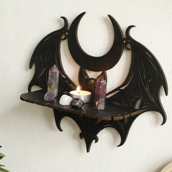 Gothic Wall Decor,Black Wall Shelf,Halloween Black Wooden Wall Shelf Gothic Bat Moon Hollow Pattern Floating Shelf Crystal Holder 12*10IN(Black)