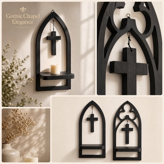 Gothic Wall Decor, Wooden Arch Cross Shelf with Candle Holder - 11.81x5.83 Inch Vintage Church Sconce for Home Altar & Living Room (1-Pack) A