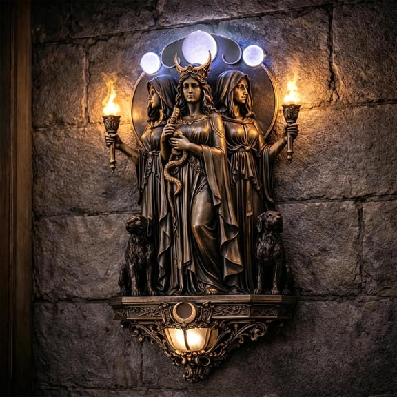 Gothic Wall Sconce Light, 20Cm Gothic Hecate Triple Wall Sculpture, Crescent Moon Decor Statue for Home Display, Gothic Home Art Wall Mount Light Fixture, Includes 2 Replaceable