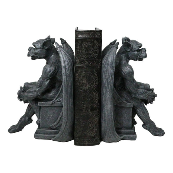 Gothic Warden of The Night Gargoyle Sentries On Pedestals Bookends Figurine Set
