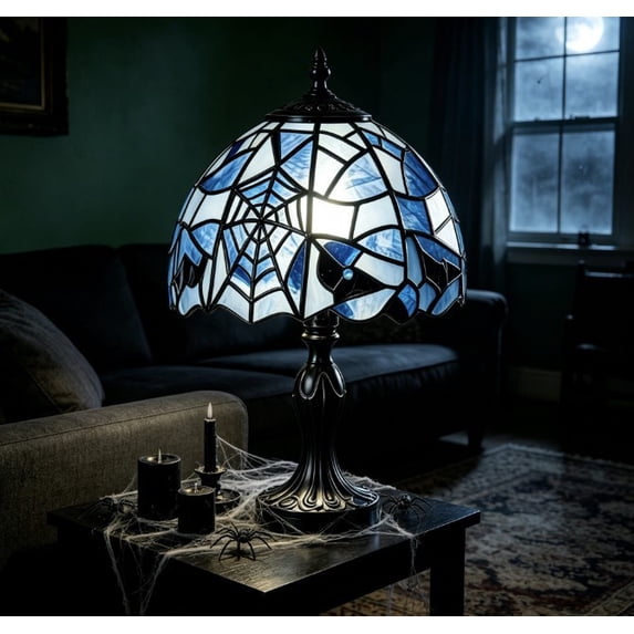 Gothic Web Stained Glass Table Lamp – 11.8 Inch Black Green Resin Base Halloween Lamp – Plug In Lighting for Living Room, Study, and Side Desk