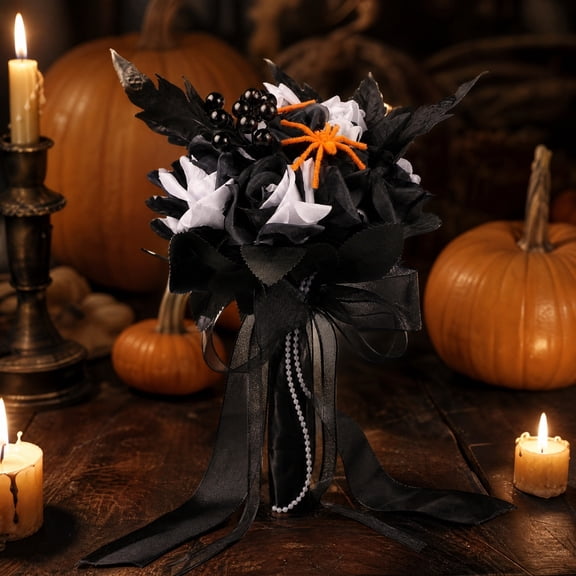 Gothic Wedding Bouquet Artificial Black and White Roses Bouquet with Orange Ornament Sheer Ribbon 12 Inch Bridal Handheld Bouquet for Halloween Wedding Gothic Theme Photoshoot Party Decor