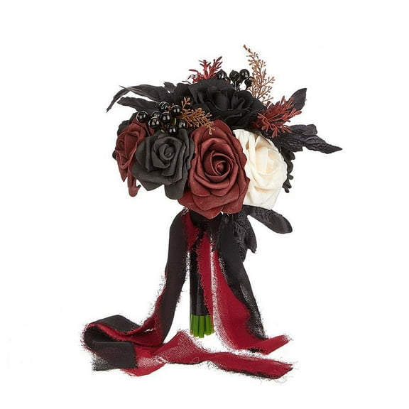 Gothic Wedding Bride Bouquet, Black and Burgundy Wedding Bouquets for Bride, Artificial WeddingFlower Halloween Bridal Bouquet Black Rose Bouquets