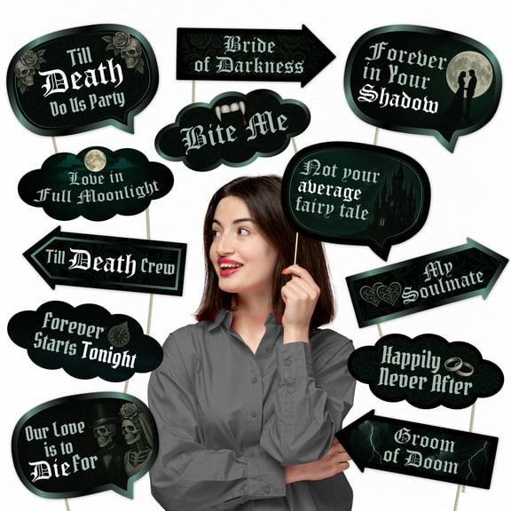 Gothic Wedding Photo Booth Props 12 Dark Romance Signs for Halloween Wedding, Vampire Theme, Alternative Bride & Groom Party Decorations