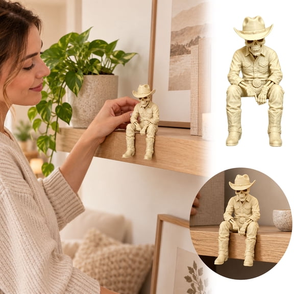 Gothic Western Cowboy Skeleton Shelf Sitter Figurine Resin Sitting Skull Statue Vintage Wild West Desktop Decoration For Home Office And Halloween Party