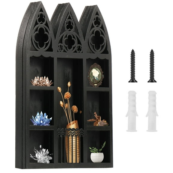 Gothic Window Crystal Shelf Display for Wall, Wooden Gem Stone Rock Storage Holder Trinkets Organizer, Wall Mount Stand Case Box for Witch Wiccan Decor, Spiritual Gift for Home Bedroom Living Room