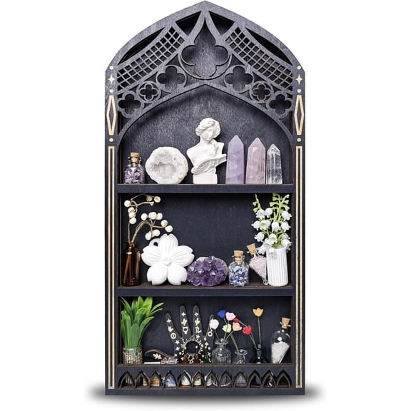 Trinket Shelf for Wall, Gothic Decor Wooden Gem Stone Rock Storage Holder Trinkets Organizer, Witchy Home Decor for Crystal Display, Spiritual Gift for Home Bedroom Living Room