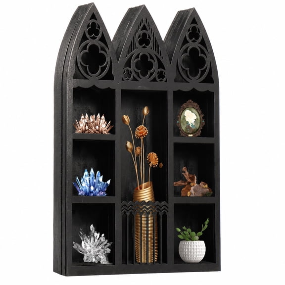 Gothic Window Crystal Shelf Display for Wall, Wooden Gem Stone Rock Storage Holder Trinkets Organizer, Wall Mount Stand Case Box for Witch Wiccan Decor, Spiritual Gift for Home Bedroom Living Room