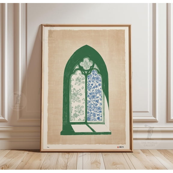 Gothic Window Poster Botanical Stained Glass Green Blue Nature Art, Unframed Poster