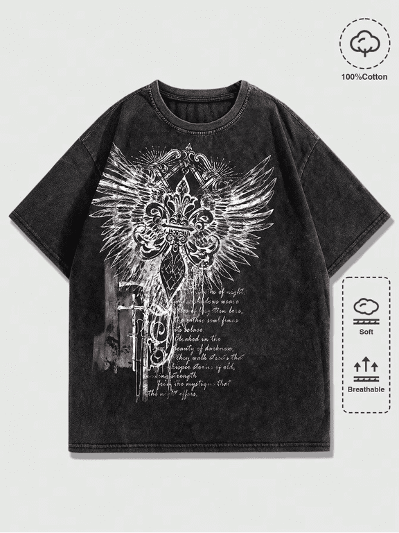 Gothic Winged Skull Vintage Oversized Washed Graphic High Street Grunge Y2K Short Sleeve Crewneck Cotton Unisex Tee Shirt