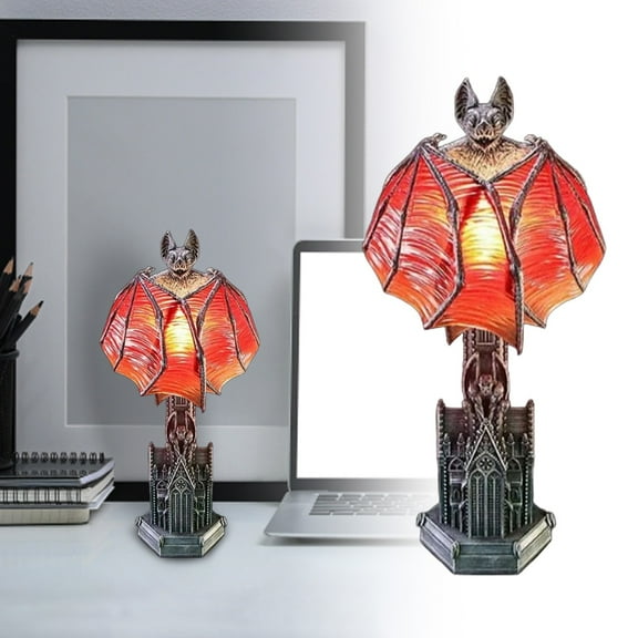 Gothic Wings of Night Halloween Lamp â Gothic Decor Bat Wing Light with Red Glow, Cathedral Base Vampire Table Lamp for Spooky Room or Witchy Night Setting