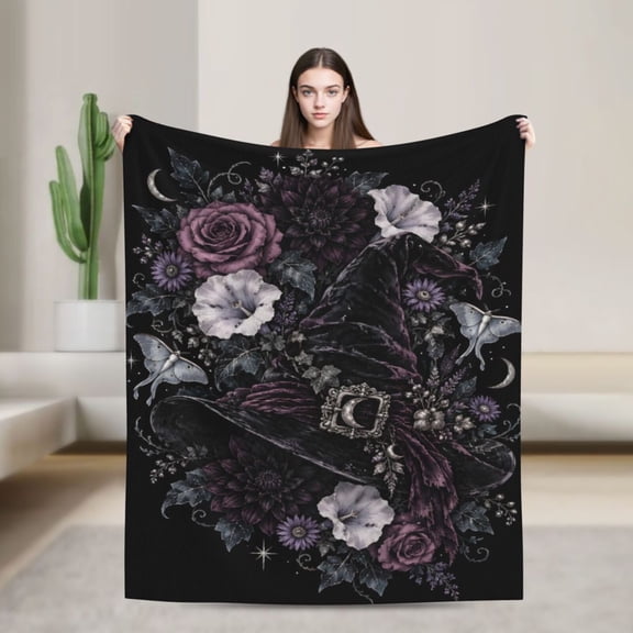 Gothic Witch Blanket Floral Moon Flannel Throw Blanket Halloween Witch Lover Gift for Women Home Decor 50x40 in
