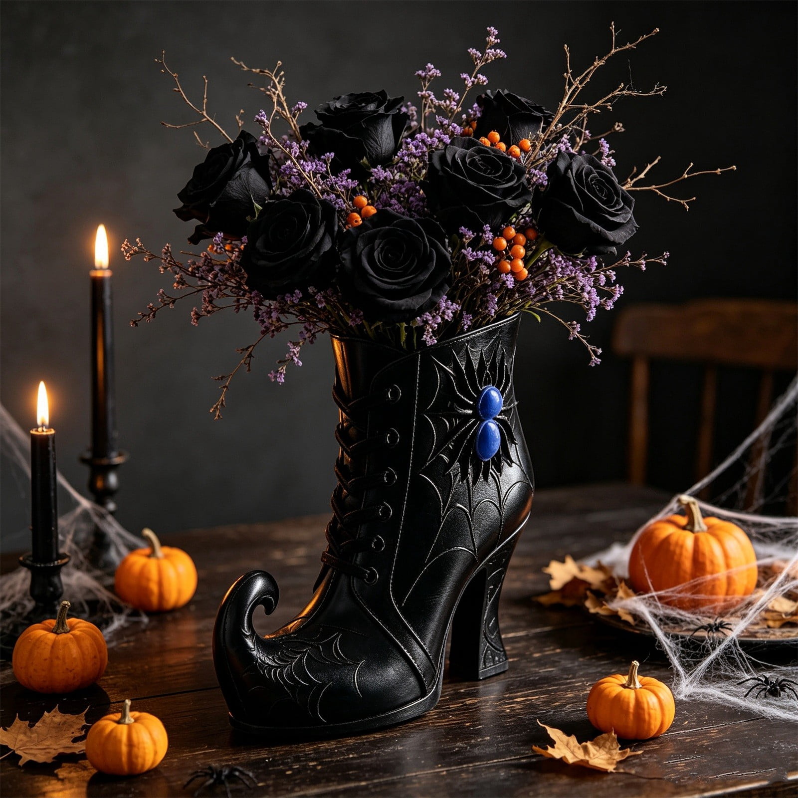 Bot Vase Gothic Witch Boot Vase Halloween Centerpiece with Embossed Web Design ...