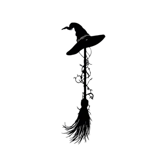 Gothic Witch Broomstick & Black Hat Metal Wall Decor - 2D Indoor Iron Witch Accessory, 3 Size Options, for Witches & Fantasy Lovers