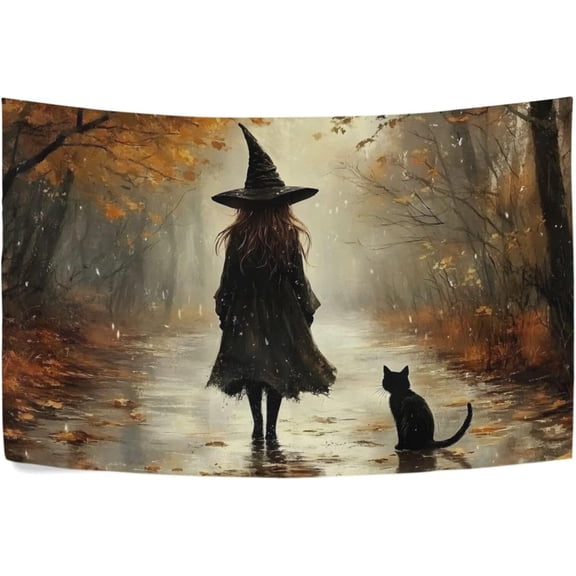 Gothic Witch Cat Forest Tapestry Wall Hanging Tapestry Personalized Tapestry Throw Dorm Living Room Art Home Decor 90 x 60