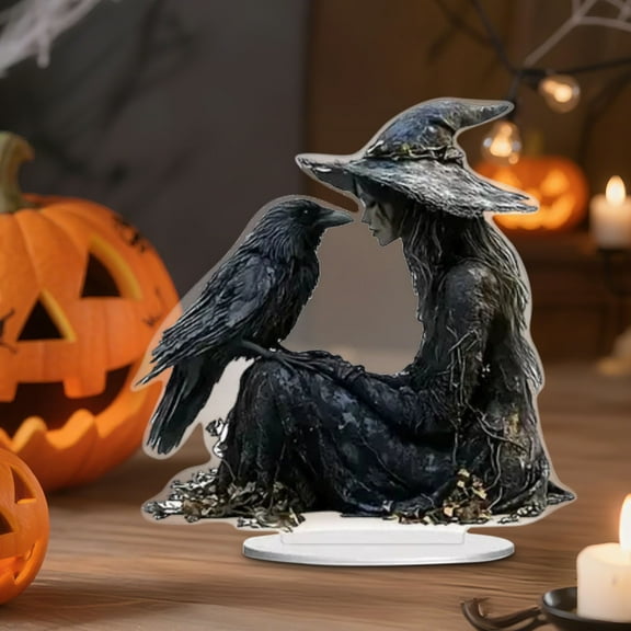 Gothic Witch and Crow Acrylic Ornaments, Gothic Halloween Decorations, Witch and Crow Acrylic Decor Desktop Craft Ornaments, Halloween Home Holiday Decorations