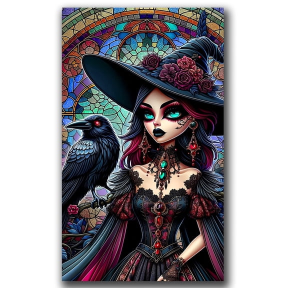 Gothic Witch Diamond Art Kits for Adults,Crow DIY Diamond Painting Kits for Beginner,Full Round Drill Gem Art Kit, Halloween Diamond Mosaic kits,Diamond Dots,Diy Handicrafts,Crafts Kits ,15.7x27.5in