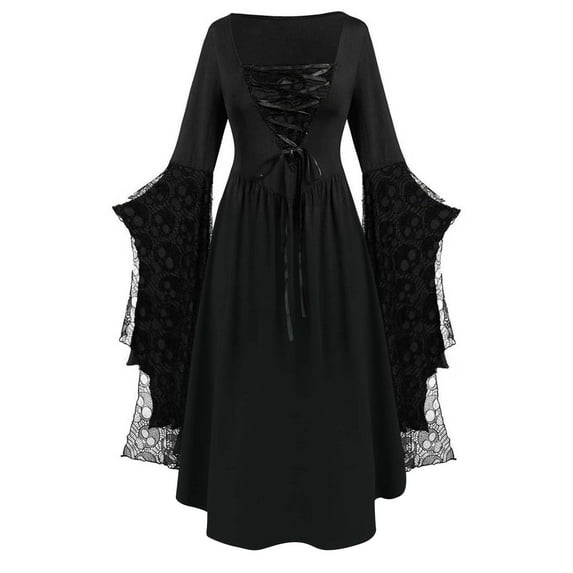 Gothic Witch Dress For Women Halloween Costume Cosplay Vintage Medieval Vampire Lace Long Sleeve Flare Gown