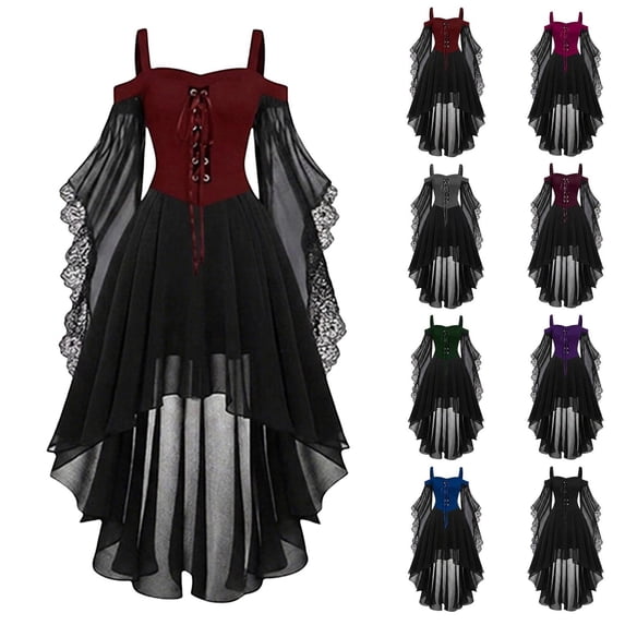 Gothic Witch Dress For Women Off Shoulder Butterfly Sleeve Lace Halloween Dress Medieval Vampire Vintage Gothic Outfit