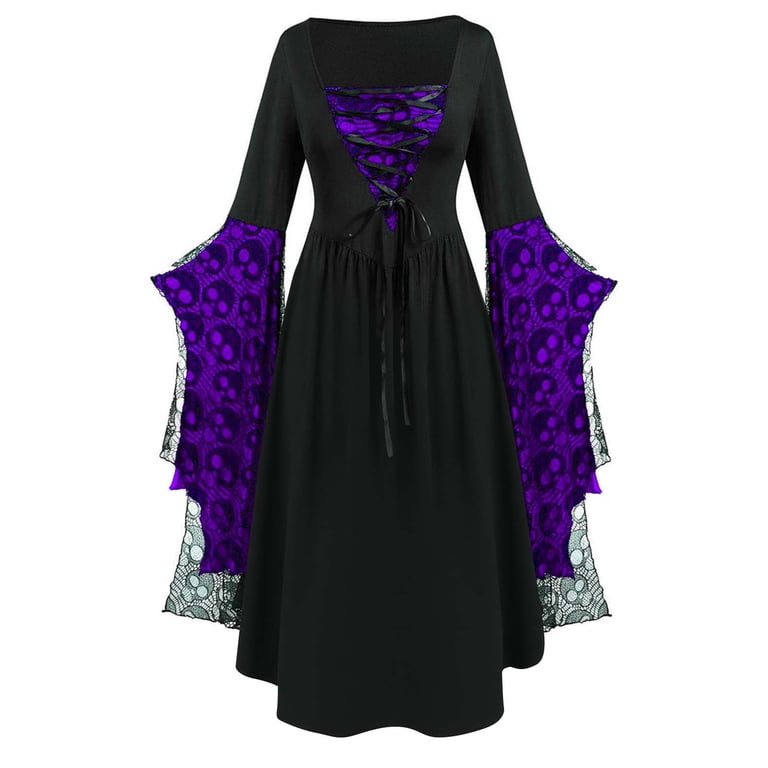 Gothic Witch Dress for Women Dark Halloween Costumes Extra Wide Bat Sleeves Lace Fashion Maxi Dresses with Pattern S-3XL