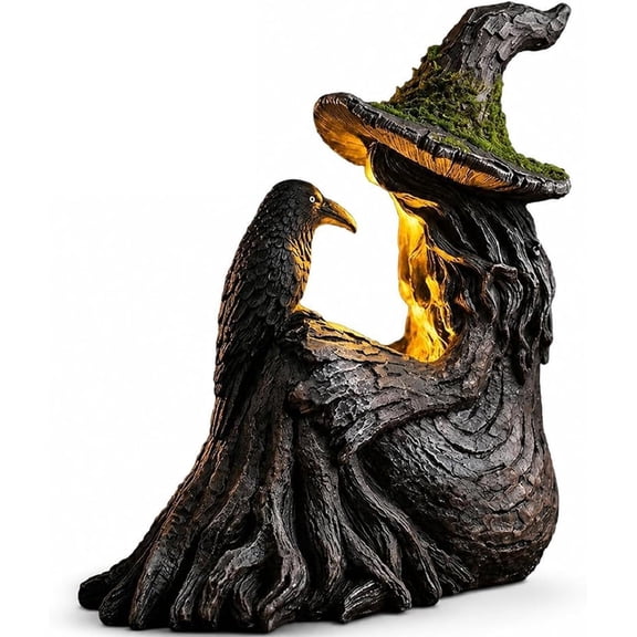 Gothic Witch Figurine, 7.08" Resin Witch Statue with Moss Hat, Halloween Decor for Shelf Entryway Living Room
