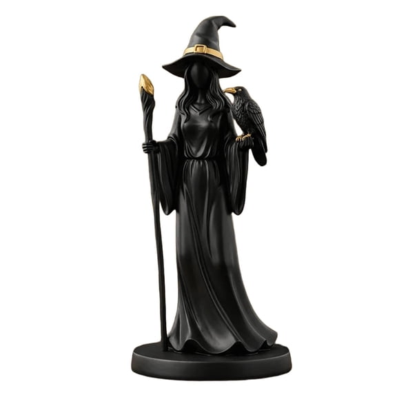 Gothic Witch Figurine Black Gold Resin Statue, Halloween Decor Home Accent, Elegant Dark Aesthetic Shelf Ornament with Staff & Bird for Mantel Bookshelf Display