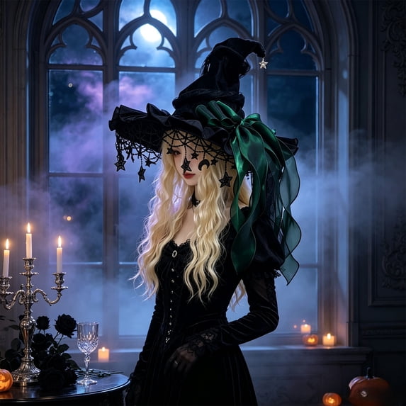 Gothic Witch Hat with Bow 18in, Black Mesh Ruffled Satin Witch Costume Accessory for Halloween Cosplay Party