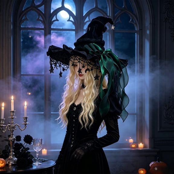 Gothic Witch Hat with Bow 18in, Black Mesh Ruffled Satin Witch Costume Accessory for Halloween Cosplay Party
