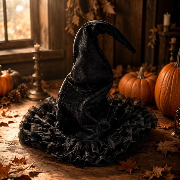 Gothic Witch Hat with Web & Mesh Ruffles, Vintage Forest Style Halloween Costume Accessory, Spooky Party Decor & Theatrical Headwear