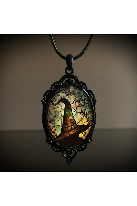 Gothic Witch Necklaces Cross Glass Pendant Necklace Oval Necklace Halloween Jewelry for Women