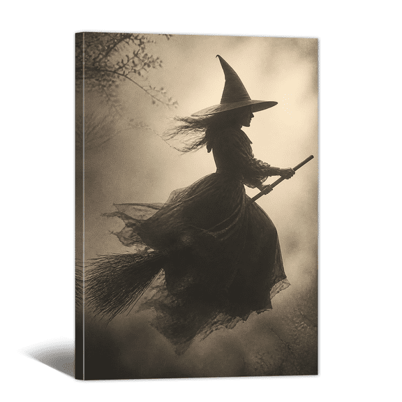 Gothic Witch Riding a Broom Canvas Wall Art Witchy Halloween Picture Print, Vintage Dark Academia Spooky Painting for Living Room Bedroom Home Office Decor