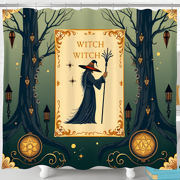 Gothic Witch Shower Curtain - Enchanting Cloaked Witch Design with Stars & Lanterns - Mystical Bathroom Decor